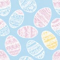 A charming Easter egg and lace pattern with delicate white lacework over soft pastel eggs Royalty Free Stock Photo
