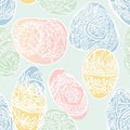 A charming Easter egg and lace pattern with delicate white lacework over soft pastel eggs Royalty Free Stock Photo