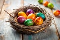 Charming Easter Eggs Nest on a Rustic Wooden Table A Double Exposure Photography Masterpiece Royalty Free Stock Photo