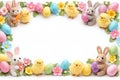 Charming Easter frame featuring cute plush rabbits, baby chicks, painted eggs, and blooming flowers arranged as decorative border Royalty Free Stock Photo