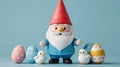 Charming Easter Gnome with Chicks and Pastel Eggs on Blue Background Royalty Free Stock Photo