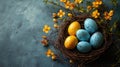 A charming Easter greeting card with a nest of decorated Easter eggs, on a rustic background with textured elements Royalty Free Stock Photo
