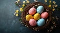 A charming Easter greeting card with a nest of decorated Easter eggs, on a rustic background with textured elements Royalty Free Stock Photo