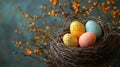 A charming Easter greeting card with a nest of decorated Easter eggs, on a rustic background with textured elements Royalty Free Stock Photo
