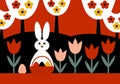 Charming Easter postcard featuring a bunny with a basket full of colorful eggs among tulips Royalty Free Stock Photo