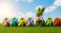 Easter bunny and moss-covered eggs decorated with colorful satin bows on green grass easter eggs Royalty Free Stock Photo