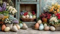 A charming Easter scene with speckled pastel eggs nestled in a wicker basket, surrounded by vibrant spring flowers and rustic Royalty Free Stock Photo