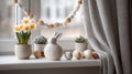 A charming easter still life scene with fresh daffodils, bunny, and eggs on a windowsill. Royalty Free Stock Photo
