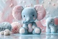 Charming Elephant Toy in Dreamy Pastel Waterscape. Concept Childhood, Toys, Elephants, Pastel,