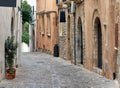Charming empty cobblestone street of old town of Ibiza Eivissa