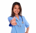 Charming ethnic nurse woman giving the high