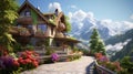 A charming European chalet with flower-covered balconies and a winding mountain road.