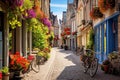 Charming European Shopping District: Vibrant Boutiques, Cobblestone Streets, and Colorful Bicycles Royalty Free Stock Photo
