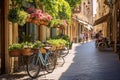 Charming European Shopping District: Vibrant Boutiques, Cobblestone Streets, and Colorful Bicycles Royalty Free Stock Photo