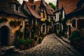 A charming, European-style village with cobblestone streets and quaint cottages