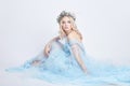 Charming fairy woman in a blue ethereal dress and a wreath on her head on white background, gentle mysterious blonde girl