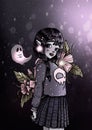 Charming fairytale character with a kind little ghost, cute cartoon girl-goth with pointed ears and big eyes in checkered skirt