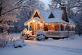 Charming festive christmas cottage with snowy surroundings and broken christmas lights