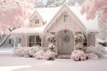 Charming festive christmas cottage with snowy surroundings and delicate wreath on front porch