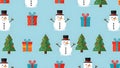 Seamless Christmas Pattern: Cute Snowmen, Decorated Trees, and Gift Boxes on Blue Background - Vector Illustration Royalty Free Stock Photo