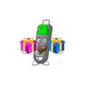 A charming flashdisk cartoon mascot style with two boxes of gifts