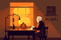 Thomas Edison Flat Illustration: Inventing Light Bulb in Lab, Second Industrial Revolution Royalty Free Stock Photo