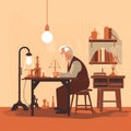 Thomas Edison Flat Illustration: Inventing Light Bulb in Lab, Second Industrial Revolution Royalty Free Stock Photo