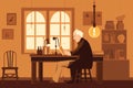 Thomas Edison Flat Illustration: Inventing Light Bulb in Lab, Second Industrial Revolution