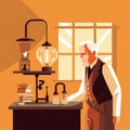 Thomas Edison Flat Illustration: Inventing Light Bulb in Lab, Second Industrial Revolution Royalty Free Stock Photo