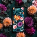 A charming flat lay showcases an smartphone surrounded by an assortment of flowers. The combination of technology and nature