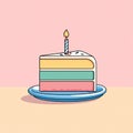 Adorable flat vector illustration of a pastel layered cake slice with a burning candle on a plate. Royalty Free Stock Photo