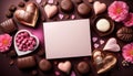 Valentine\'s Day Chocolates, Hearts, and Blank Card Flatlay Royalty Free Stock Photo