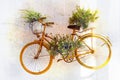 Charming floral street decoration with old bike. Retro picture