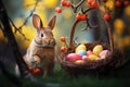 Charming fluffy easter bunny nestled beside wicker basket brimming with colorful decorated eggs. Royalty Free Stock Photo