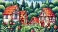 Charming forest houses nestled among strawberries, ferns, and mushrooms in a beautiful watercolor landscape