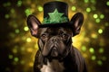 Charming French Bulldog in St. Patrick's Day Attire with a Lucky Shamrock Hat - Generative AI