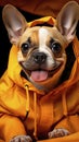Charming Frenchie on vibrant orange, capturing the breed's unique charm and compact size in a delightful portrait