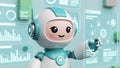 Cute 3D Robot Character Interacting with Digital Data Dashboard and Analytics Interface for AI Technology Royalty Free Stock Photo