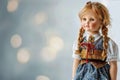 Charming German doll in traditional attire with braids, soft bokeh, copy space Royalty Free Stock Photo