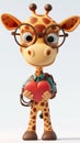 A charming giraffe with a cheerful smile, wearing large round glasses and holding a heart in his hand
