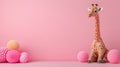A charming giraffe sits surrounded by soft, colorful fluffy balls against a pastel pink background.