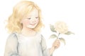 charming girl with blonde hair,holding a flower and smiling,delicate pastel colors,watercolor illustration,