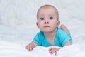 Adorable baby girl or boy in blue shirt with big blue eyes, indoors Royalty Free Stock Photo