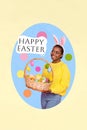 Charming girl sell handmade Easter cookies painted eggs handicraft products hold big holiday basket picture sale collage Royalty Free Stock Photo