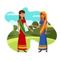 Charming Girlfriends from India Flat Illustration