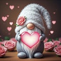 Charming gnome holds a glowing heart surrounded by pink roses and floating hearts, creating a heartwarming valentine\'s day Royalty Free Stock Photo