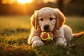 Golden Retriever Puppy Enjoying Sunset with Tennis Ball, AI Generated Royalty Free Stock Photo