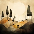 Charming Gothic Illustration: Jon Klassen Style Landscape Painting Royalty Free Stock Photo