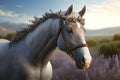 a charming gray horse with levender in its mane, standing on a lavender field. Royalty Free Stock Photo