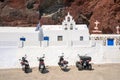 Charming Greek church on the side of the mountain of famous Red Beach of Akrotiri.